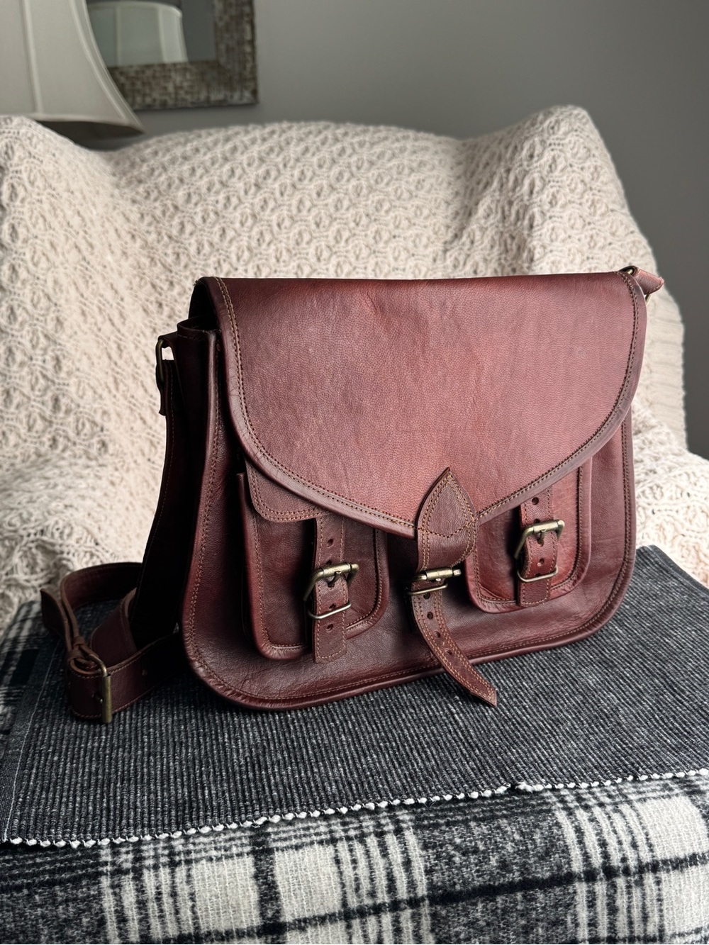 Vintage Burgundy Leather Messenger Satchel Bag Brass Buckle Crossbody